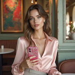 Sexy girl in pink satin blouse