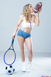 Cory chase Wearing blue pants and pink shirt