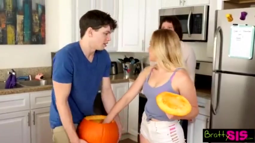 Nudism Pumpkin Carving - Brother and sister Halloween porno with red pumpkin - Aubrey Sinclair - HD  720p